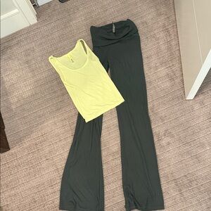 SKIMS Soft Lounge Set: Soft Dark Green Fold-over Pants and Ribbed Lime tank